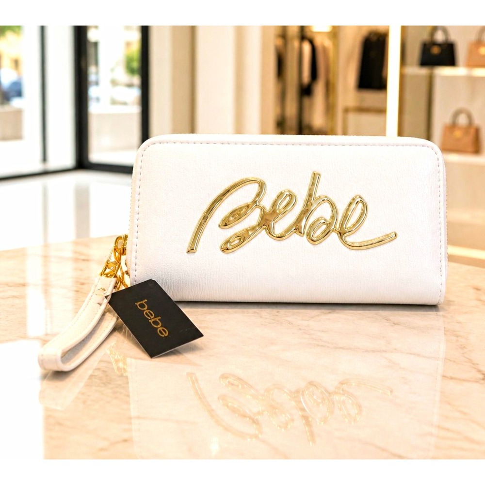 bebe Gianna Off White Solid Wristlet Wallet Zip Around, Logo Accent, Cards